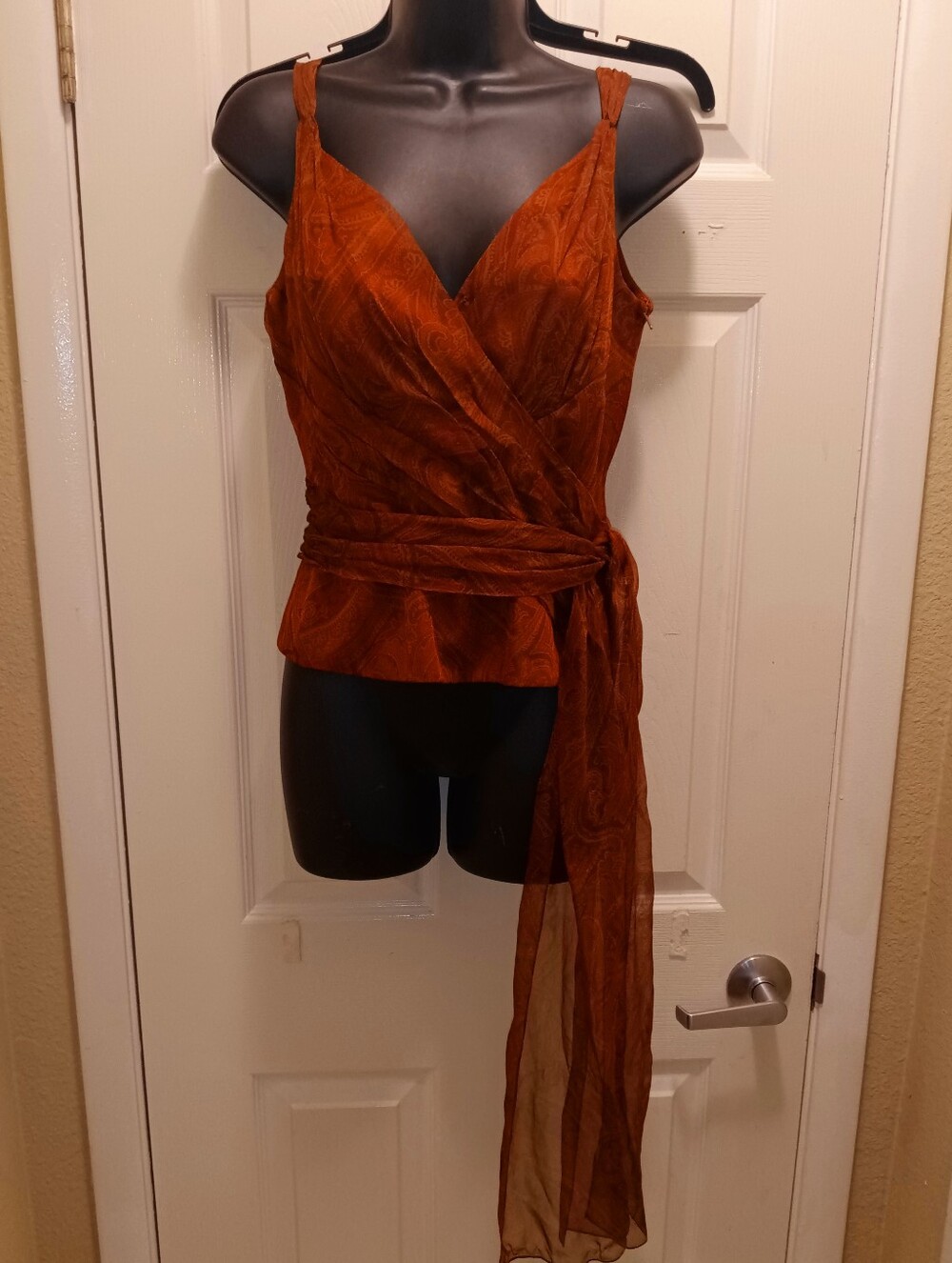 NWT Carmen Marc Valvo Silk Rust Wrap Drape Tie Luxury Top Sz 4